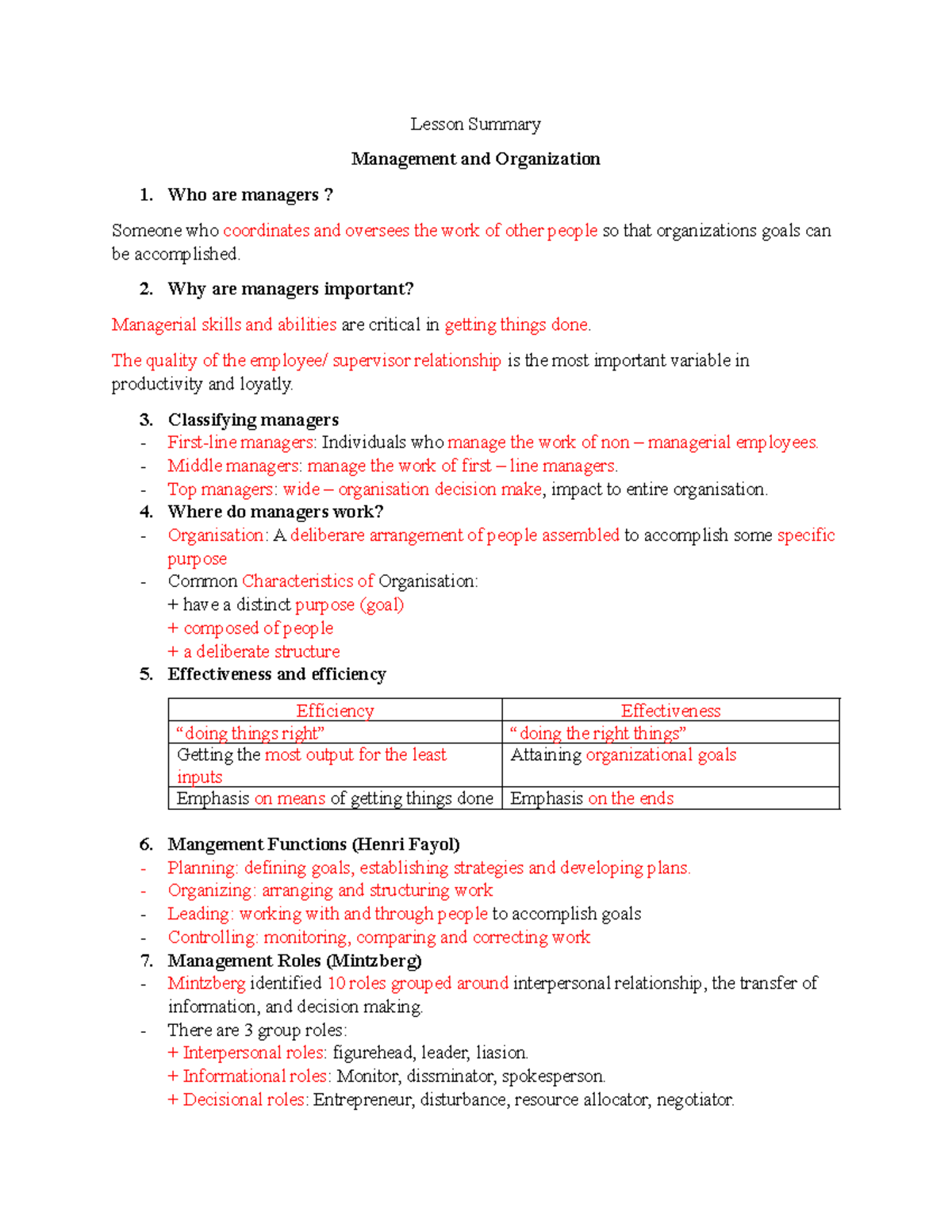 Chapter 1 - môn - Lesson Summary Management and Organization Who are ...