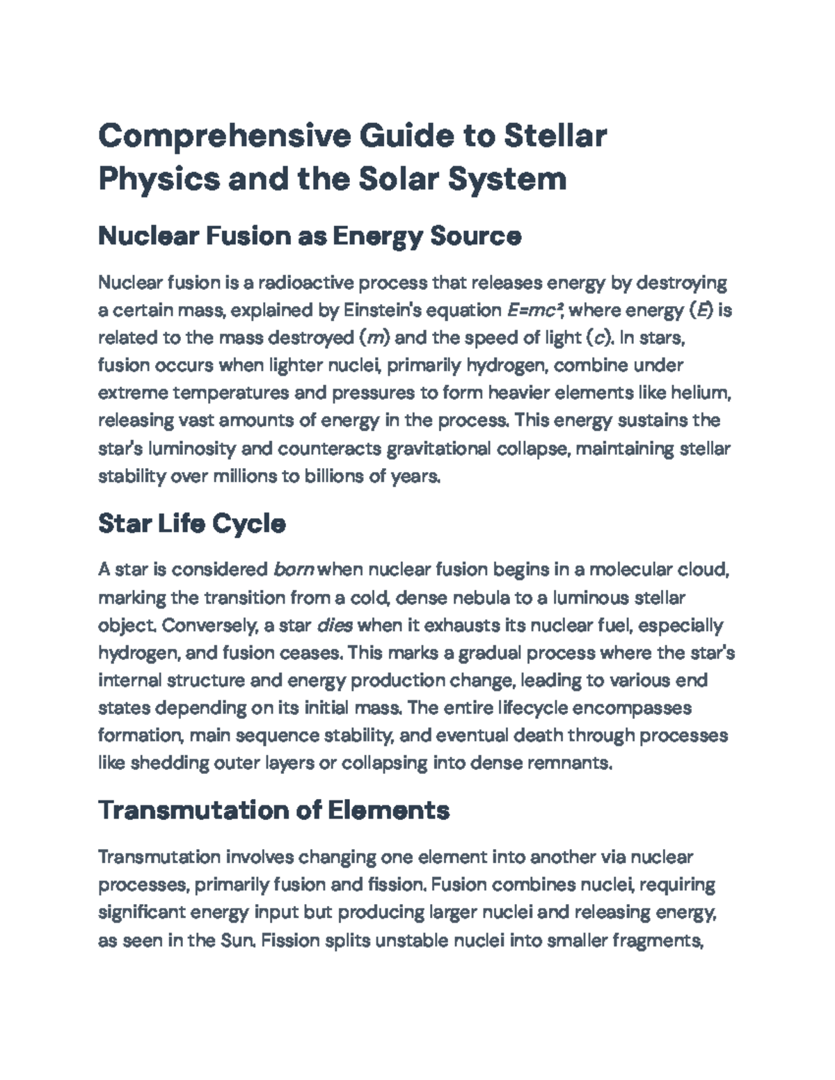 Comprehensive Overview of Stellar Evolution and Solar System Dynamics ...