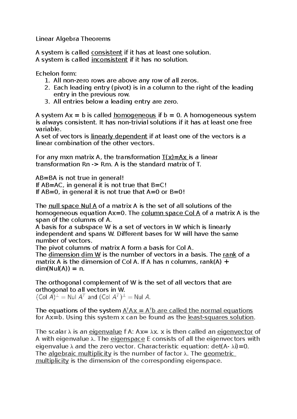 linear-algebra-theorems-key-concepts-and-definitions-studeersnel