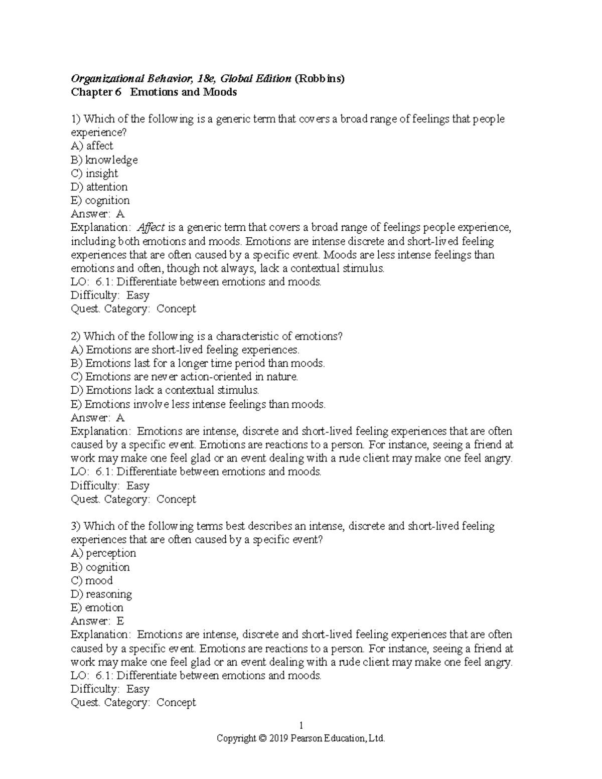 Chapter 6 - Emotions and Moods: Test Bank for Organizational Behavior 18e - Document Preview