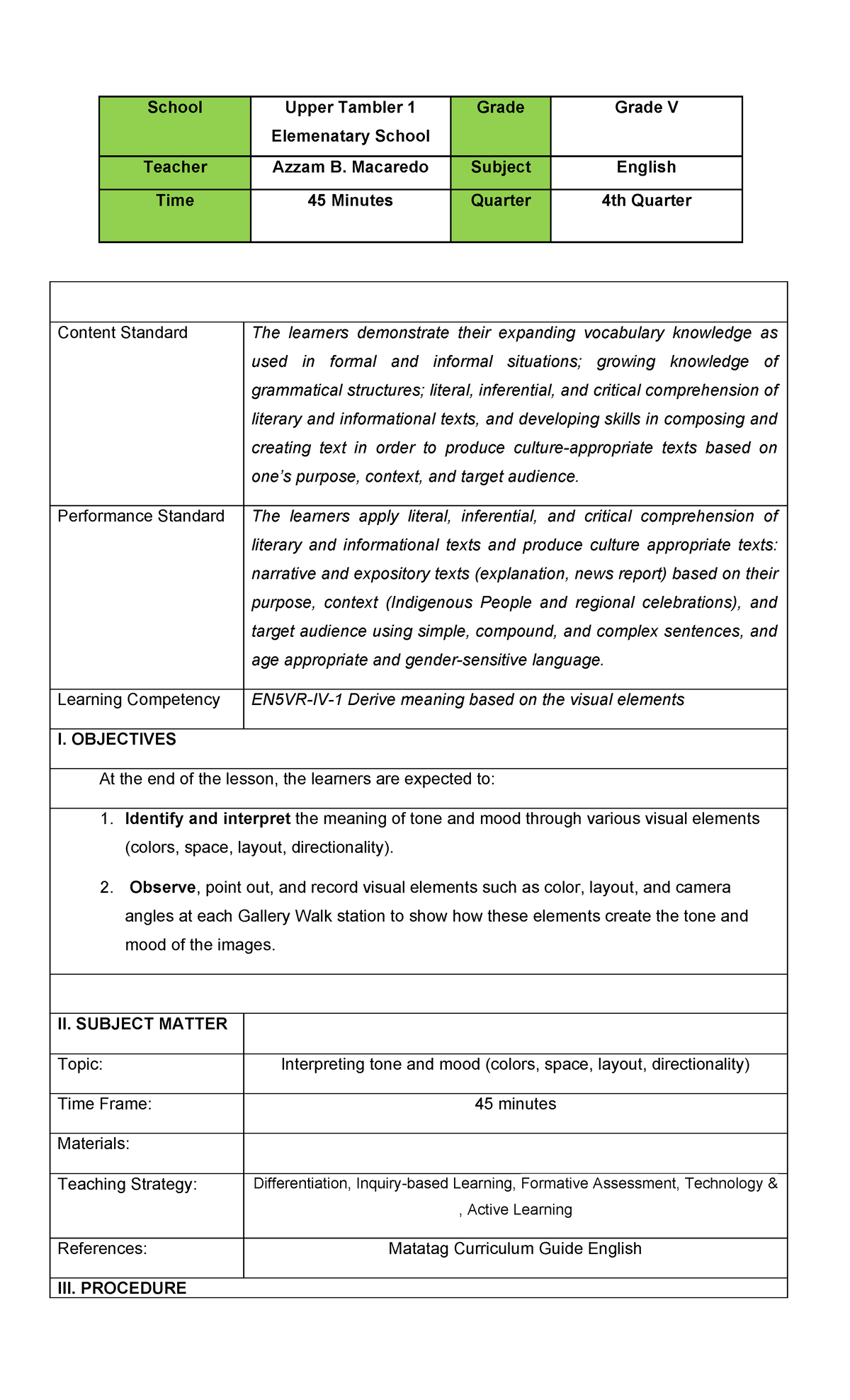 Final Lesson Plan: Interpreting Tone & Mood in English (Grade V) - Studocu