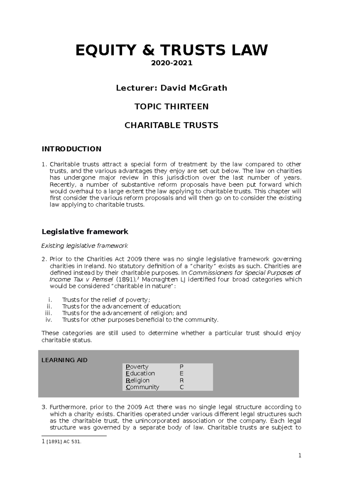 Charitable Trusts Notes for Equity & Trusts Law (2020) - David McGrath ...