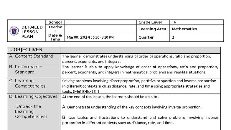 DLP- Inverse Proportion Lesson Plan (Math 123) - Studocu
