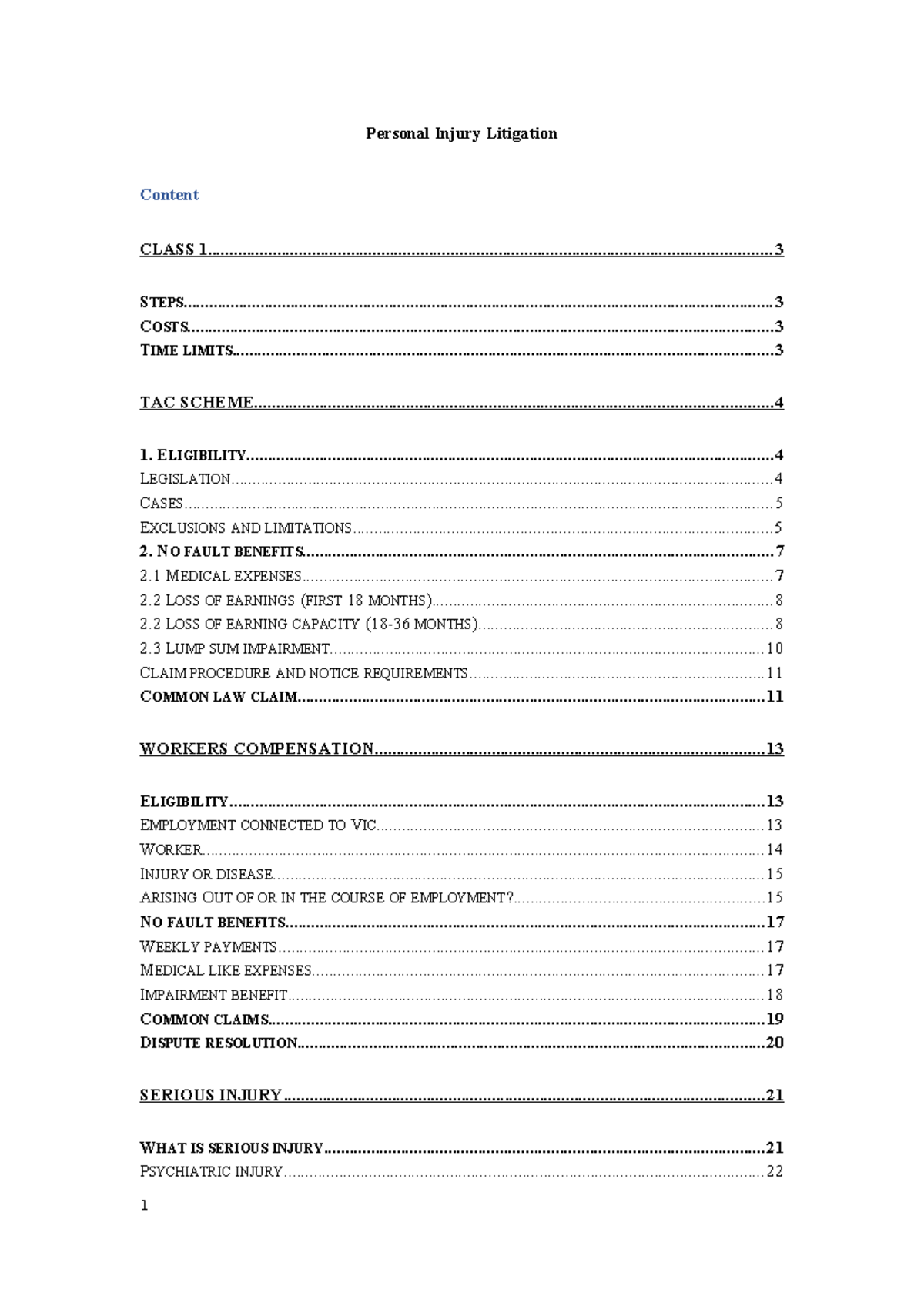 Personal Injury Litigation Notes - Class 1 Overview - Studocu