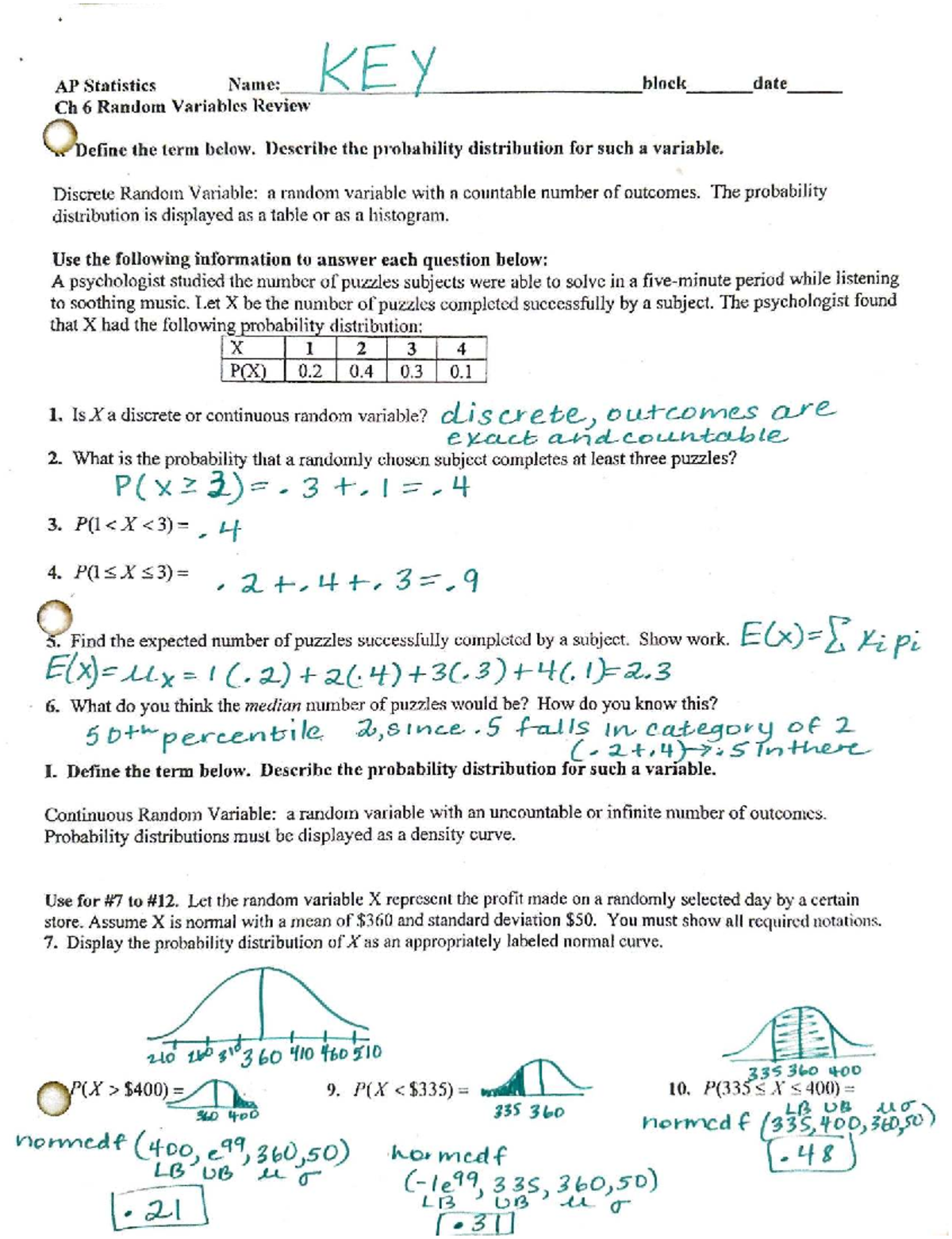 AP Statistics (Unit 4) Ch 6 Random Variables Review Key - Studocu