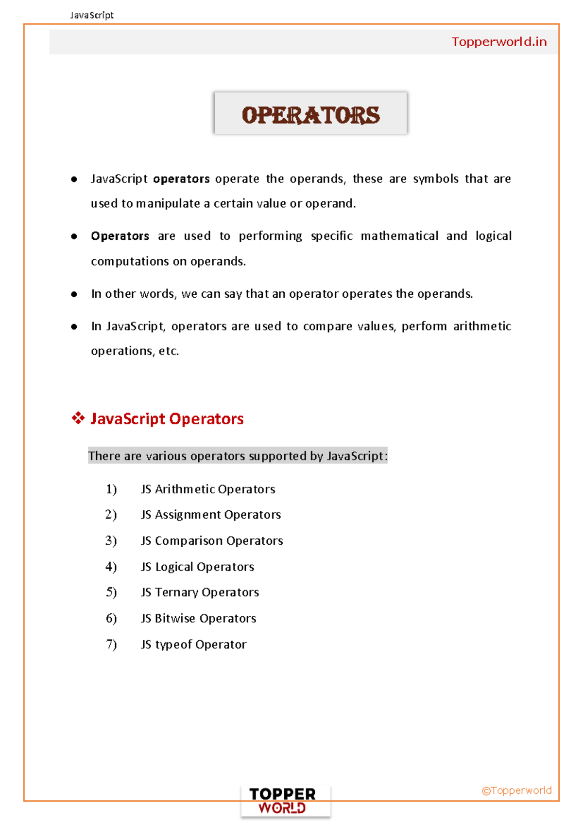 Operators-in-Java Script 7 - Topperworld ⚫ JavaScript operators operate ...