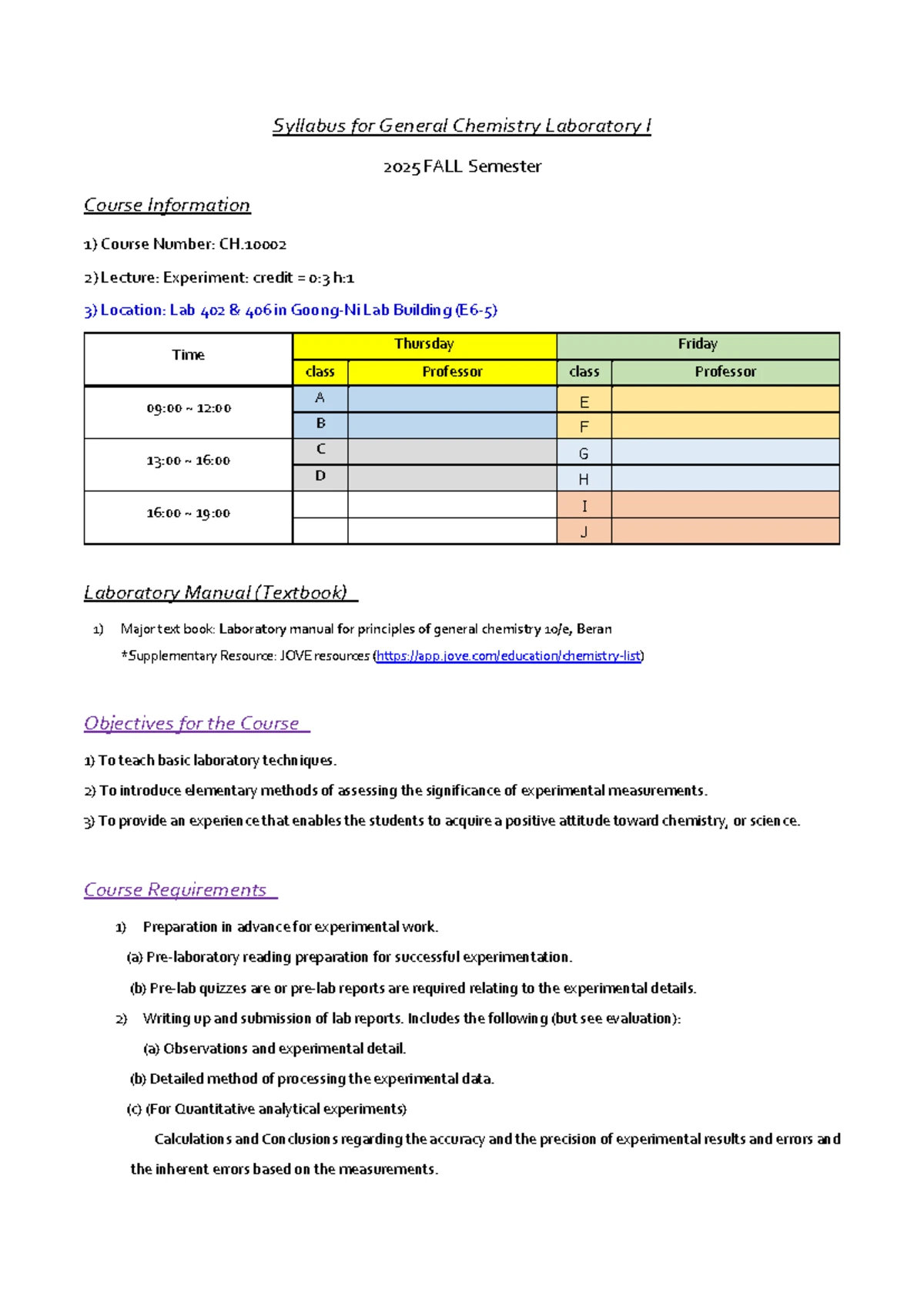 2025 Fall CH10001 General Chemistry I Syllabus (Class A C) - Studocu