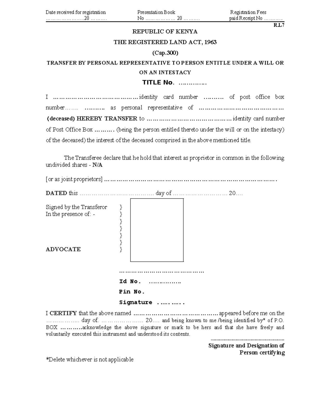 Transfer Form R.7: Registration and Fees Details for Land Act - Studocu