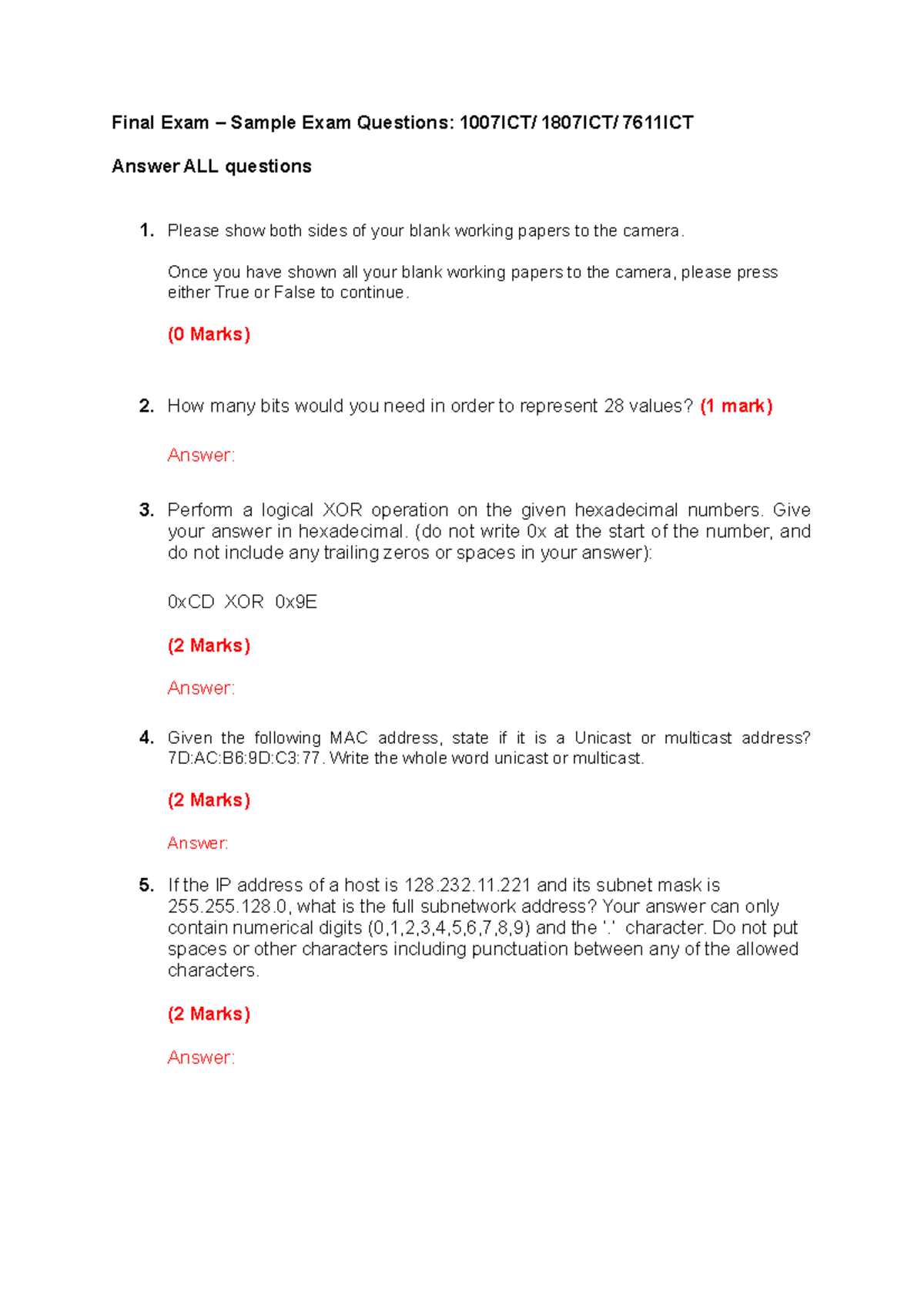 Final Exam Practice Questions for 1007ICT/1807ICT/7611ICT - Studocu