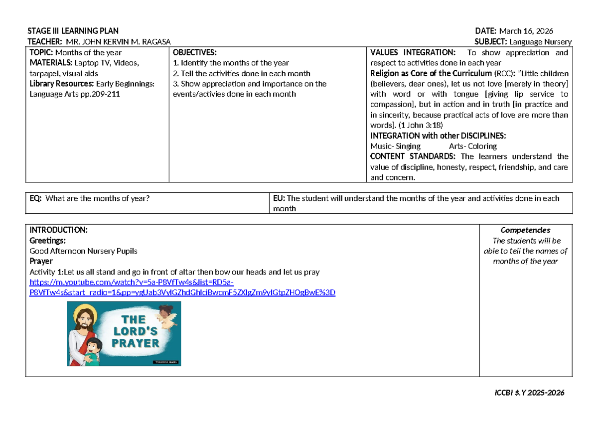 Final Demo Lesson Plan: Months of the Year - Language Nursery - Studocu