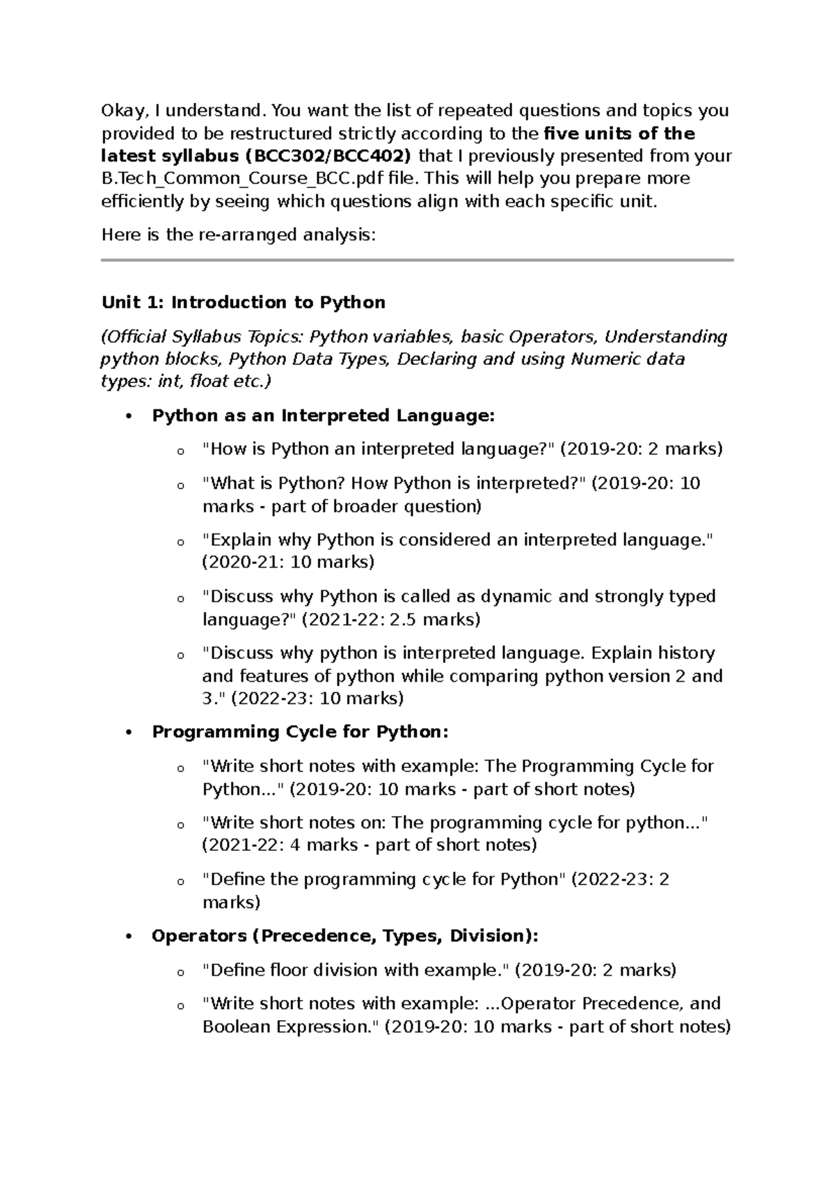 B.Tech Common Course BCC: Important Questions by Unit for Python ...
