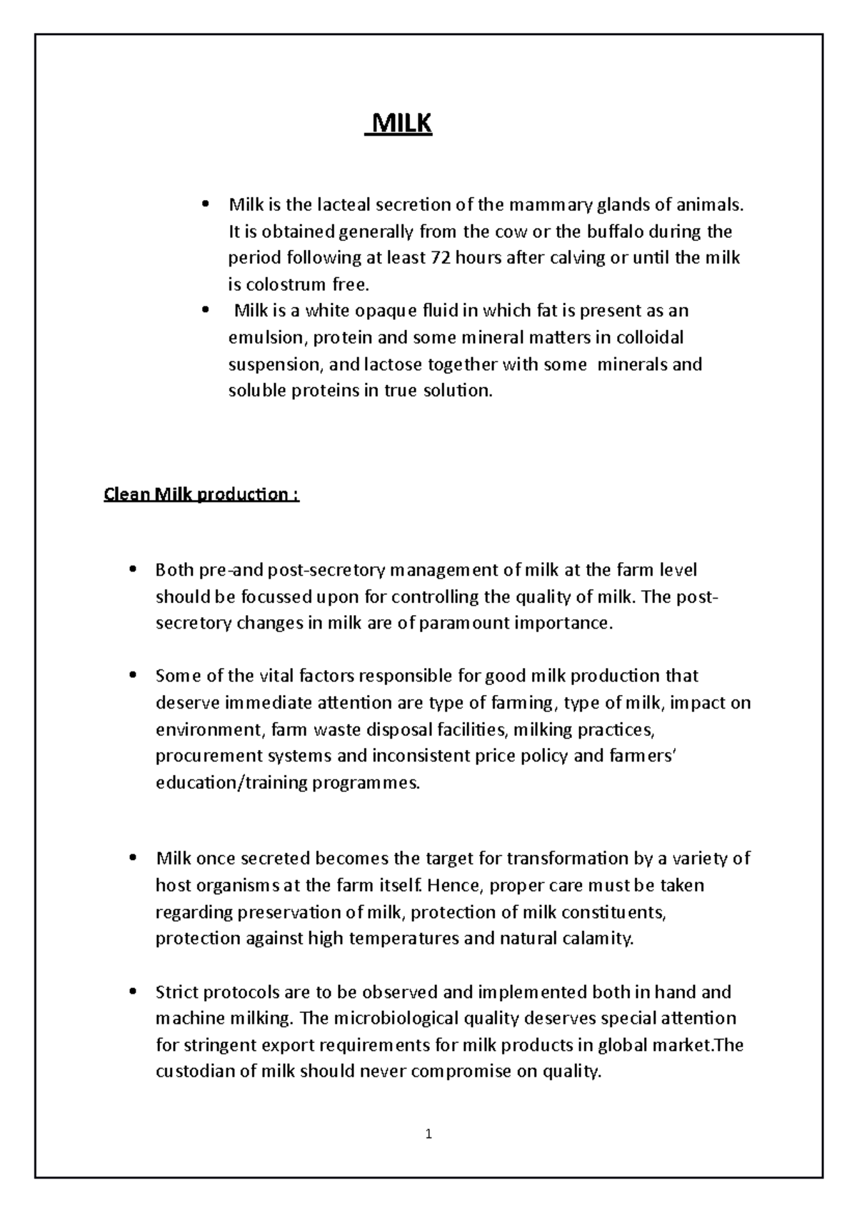 MILK - Lecture Notes on Production, Quality & Preservation - Studocu