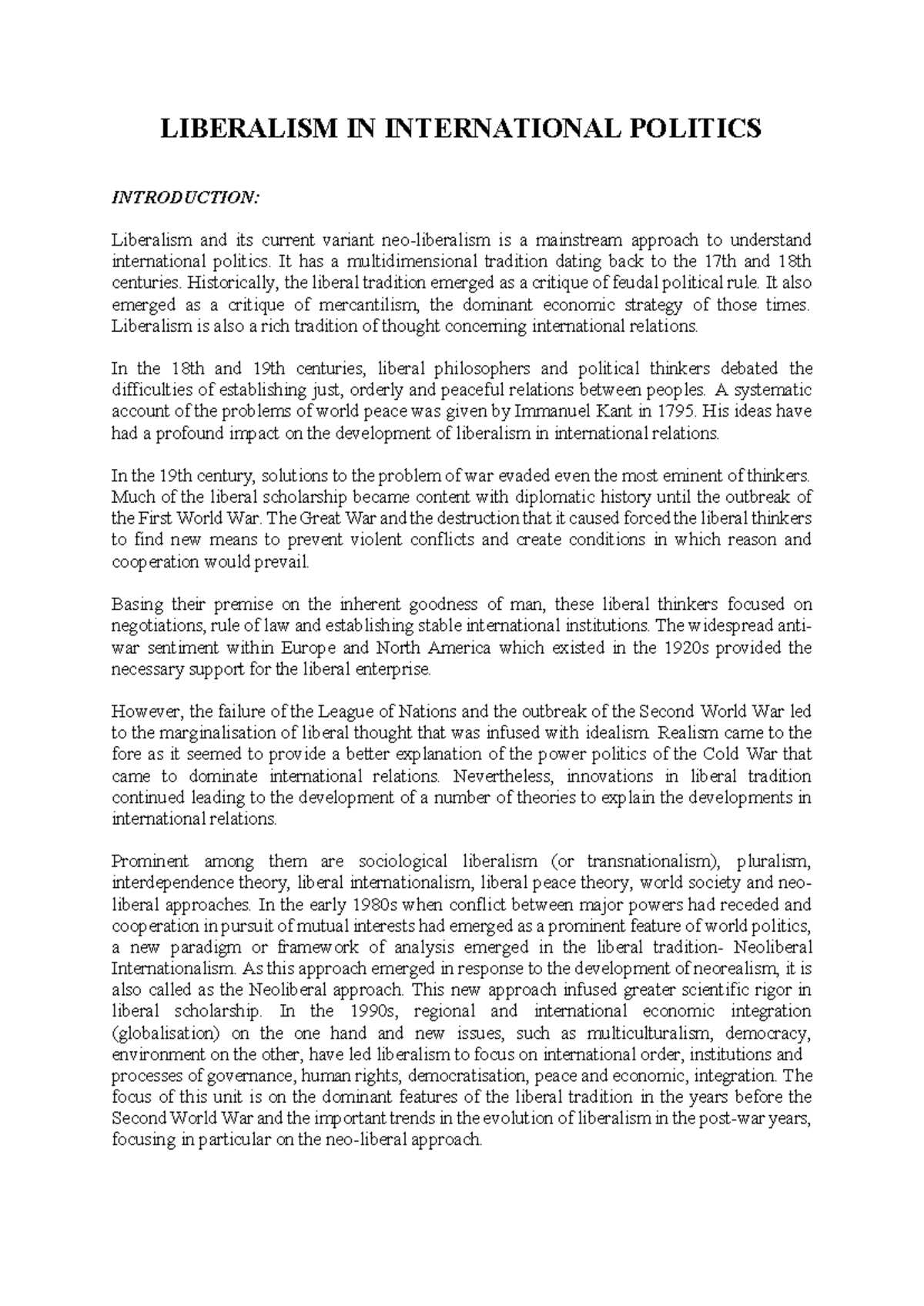 Liberalism in International Politics: Key Concepts and Evolution - Studocu