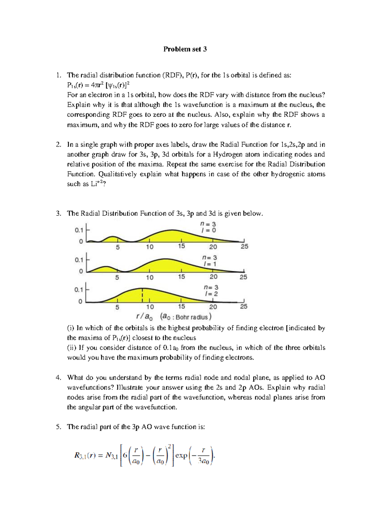 Problemsheet 3 - Quantum Mechanics: Wavefunctions and Radial Functions ...