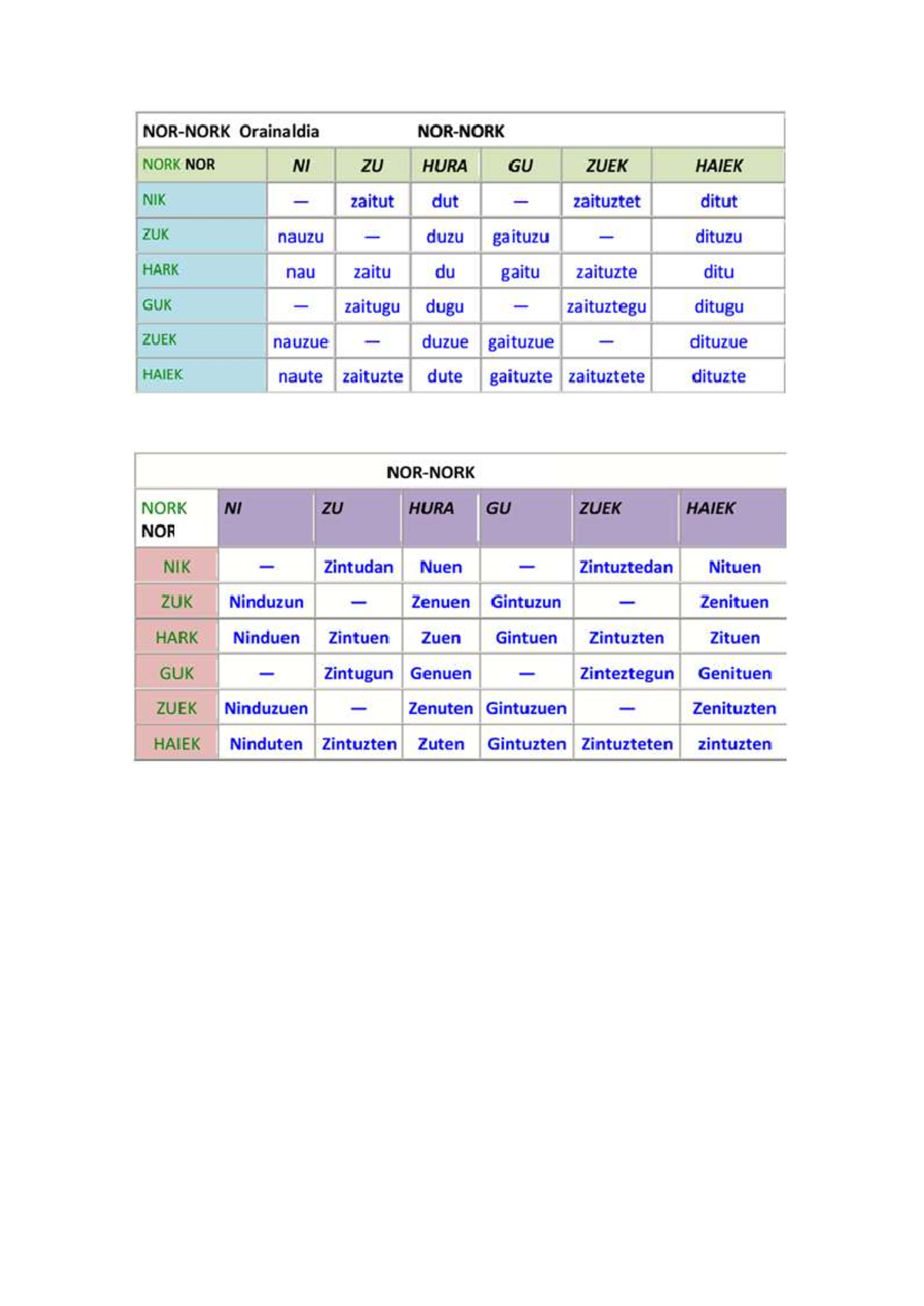 NOR-NORK Taula - Verb Conjugation Patterns in Basque - Studocu