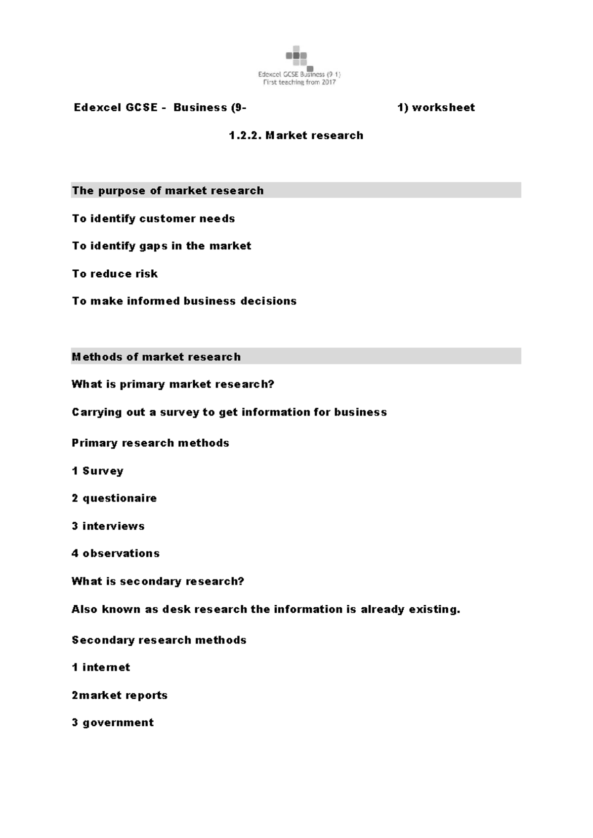 Edexcel GCSE Business: Worksheet 1.2.2 on Market Research Methods - Studocu