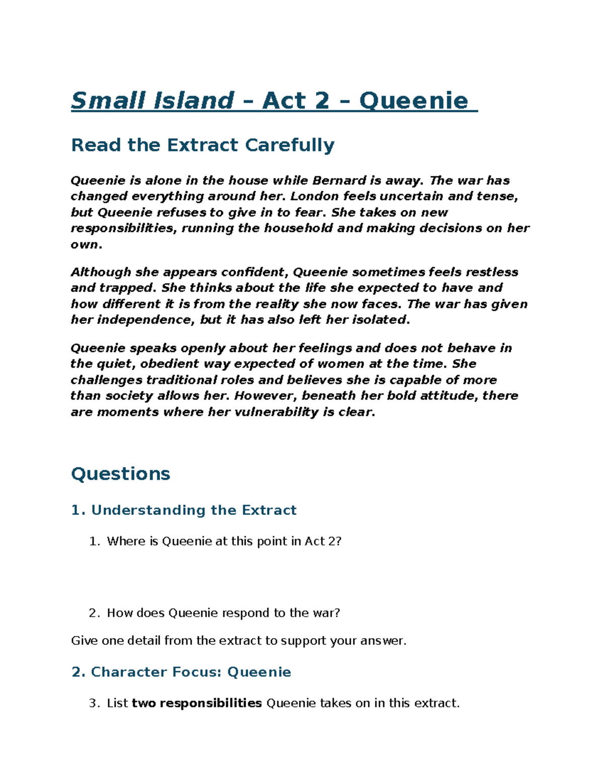 Small Island – Act 2: Queenie's Struggles and Responsibilities - Studocu