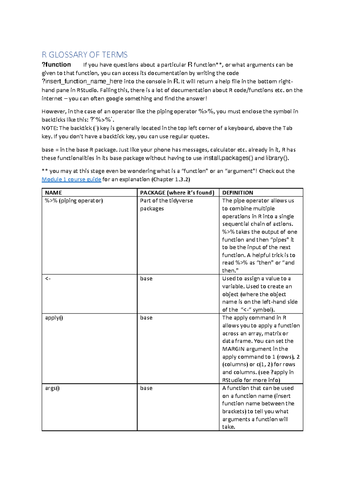 R Glossary of Terms for BIOSCI220: Key Functions & Definitions - Studocu