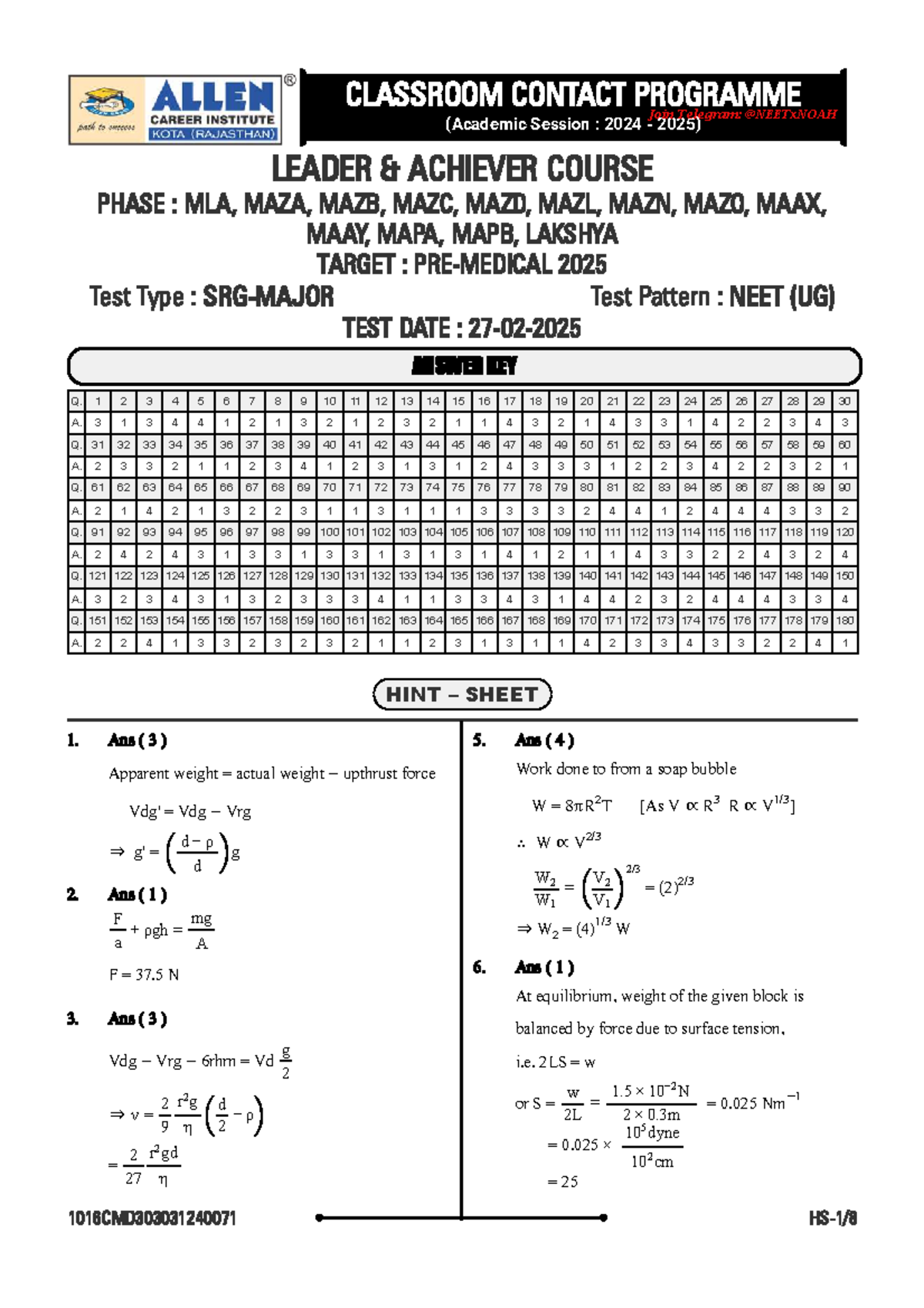 NEET (UG) Test Pattern & Answer Key - Leader Achiever Course 2024-2025 ...