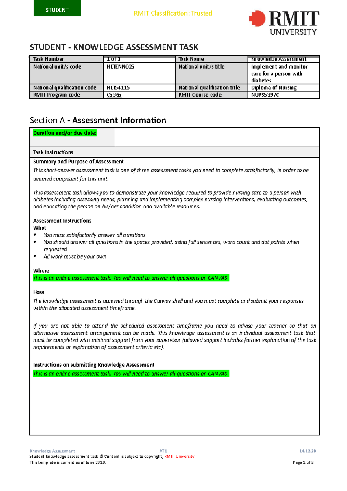Diabetes Knowledge Assessment Task - STUDENT - KNOWLEDGE ASSESSMENT ...
