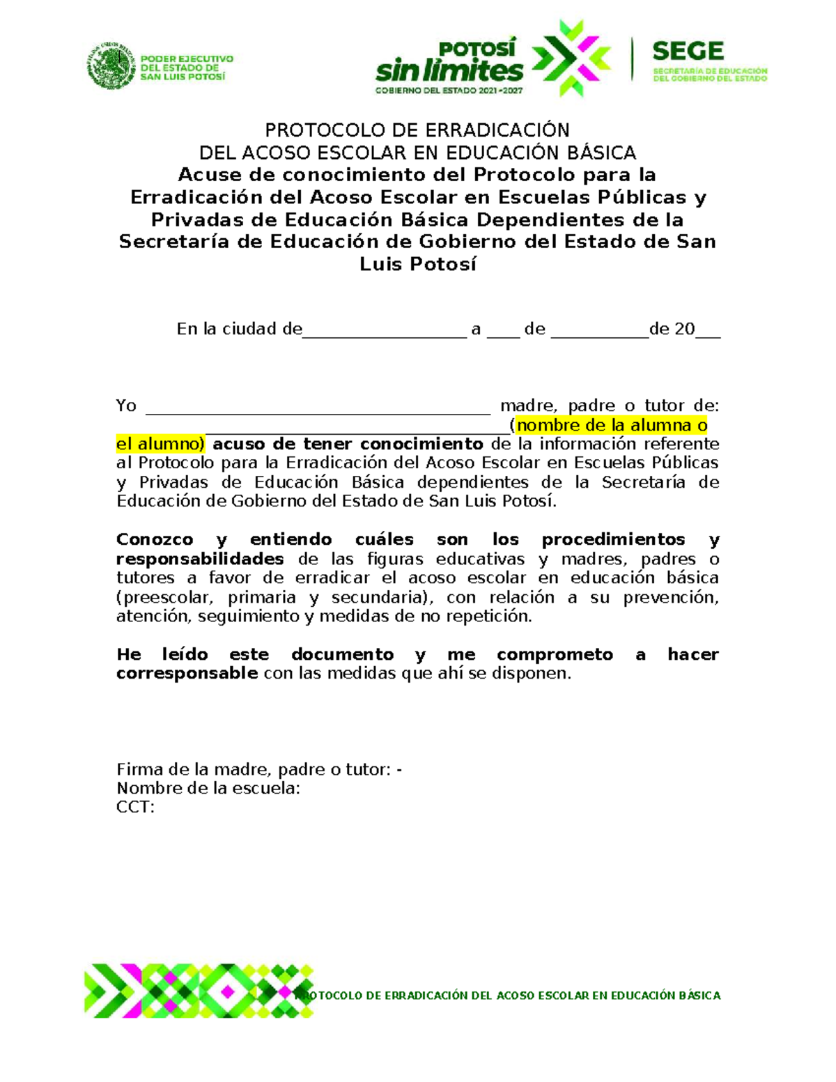 PROTOCOLO DE ERRADICACIÓN DEL ACOSO ESCOLAR EN EDUCACIÓN BÁSICA - Acuse ...