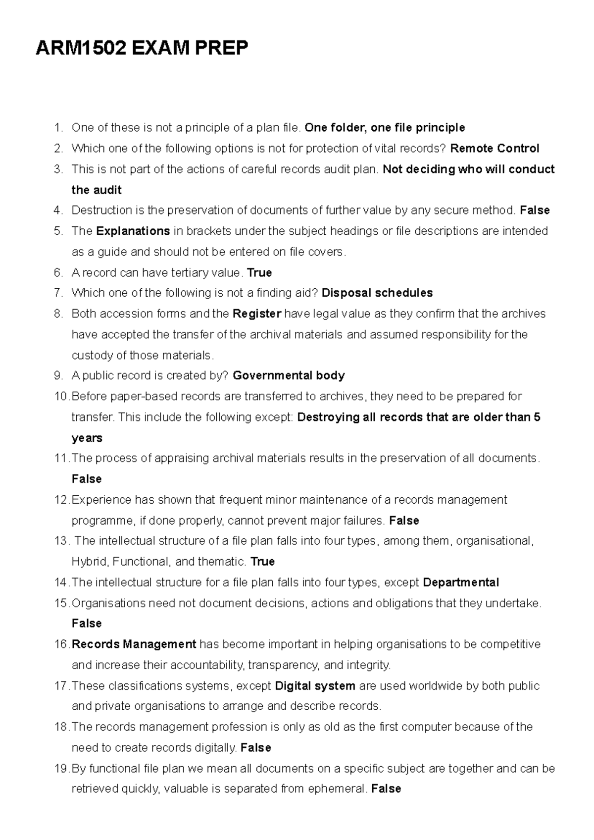ARM1502 EXAM PREP: Key Concepts in Records Management - Studocu