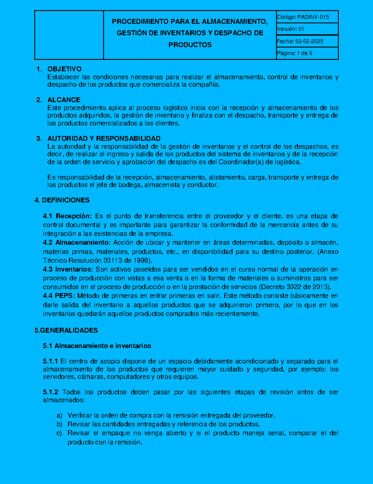 Procedimiento de Almacenamiento y Gestión de Inventarios PEPS - Studocu