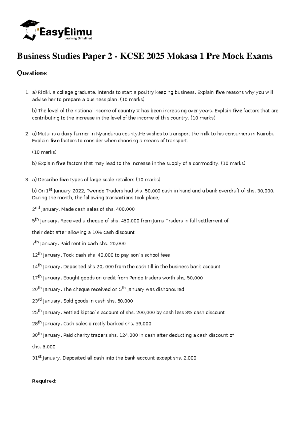 Business Studies Paper 2 - KCSE 2025 Mokasa 1 Pre Mock Exam Questions ...