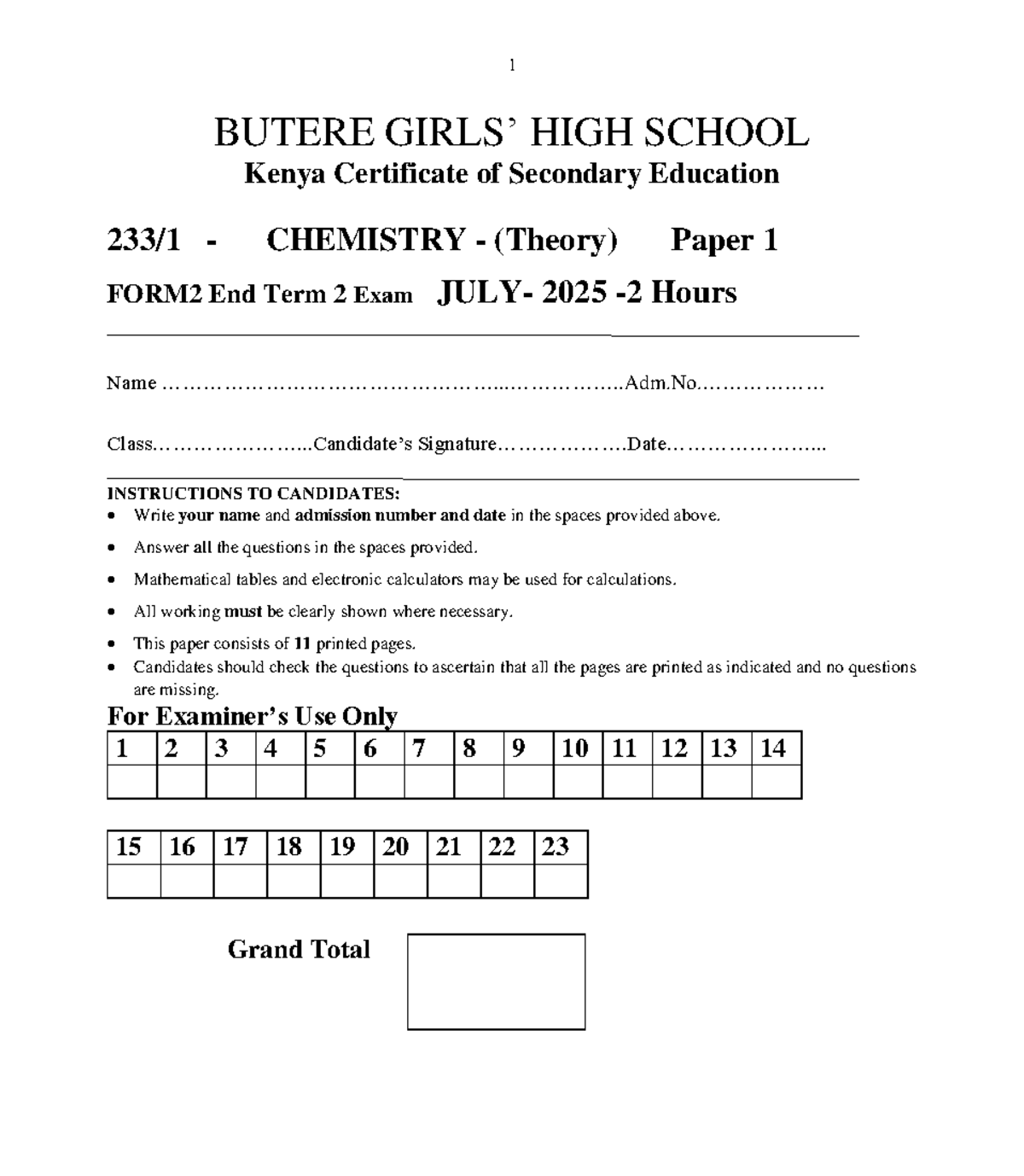 FORM 2 CHEMISTRY End Term 2 Exam Paper 1 2025 - Studocu