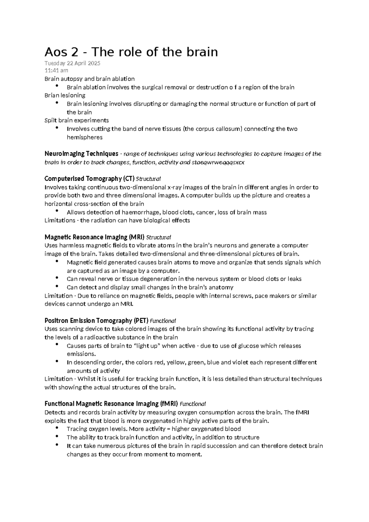 Psychology Unit 1 AOS 2: The Role of the Brain and Its Functionality ...