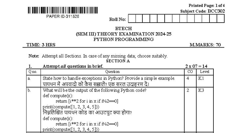 BCC302 Python Programming PYQs for BTECH Final Exam - Studocu