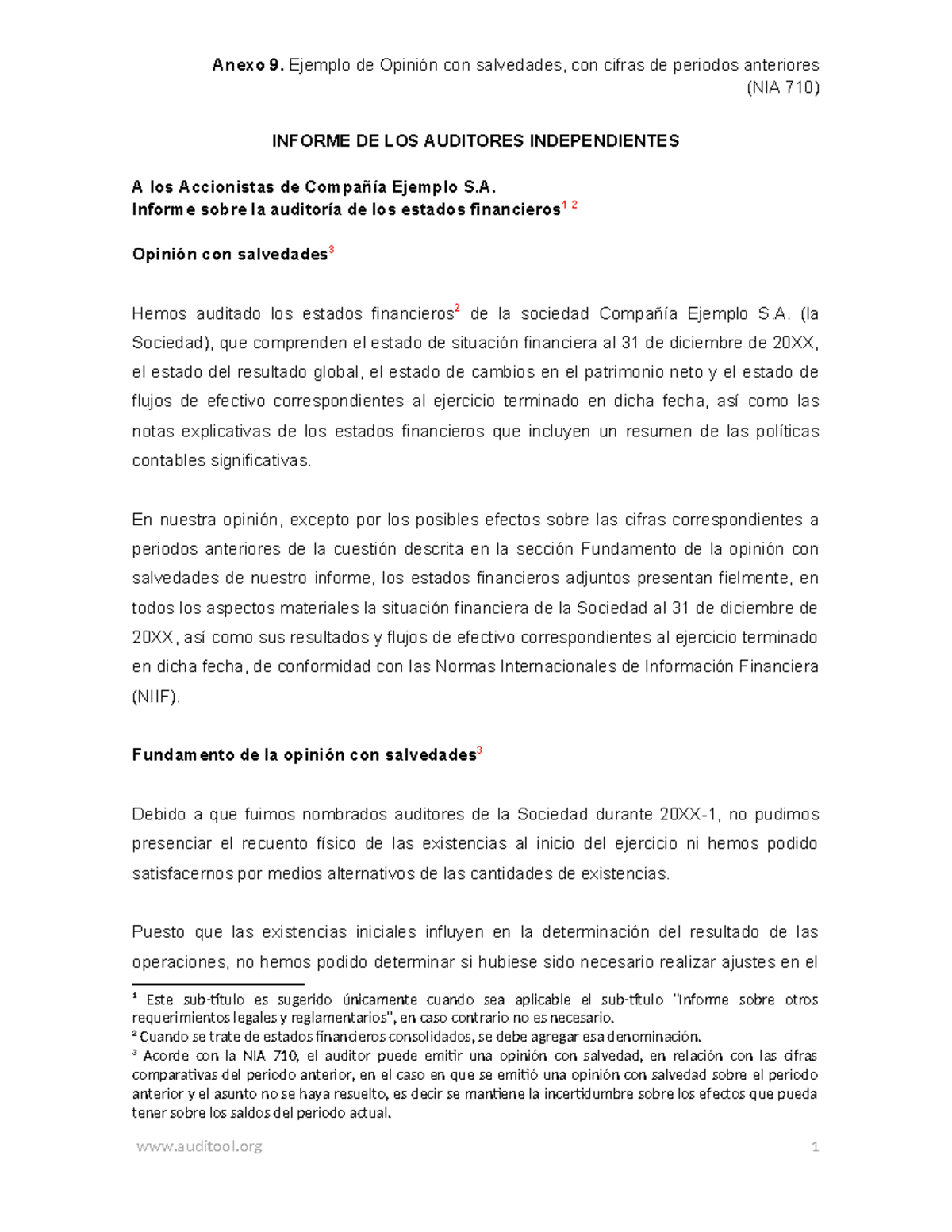 Ejemplo de Informe de Auditoría con Opinión Modificada (NIA 710) - Studocu