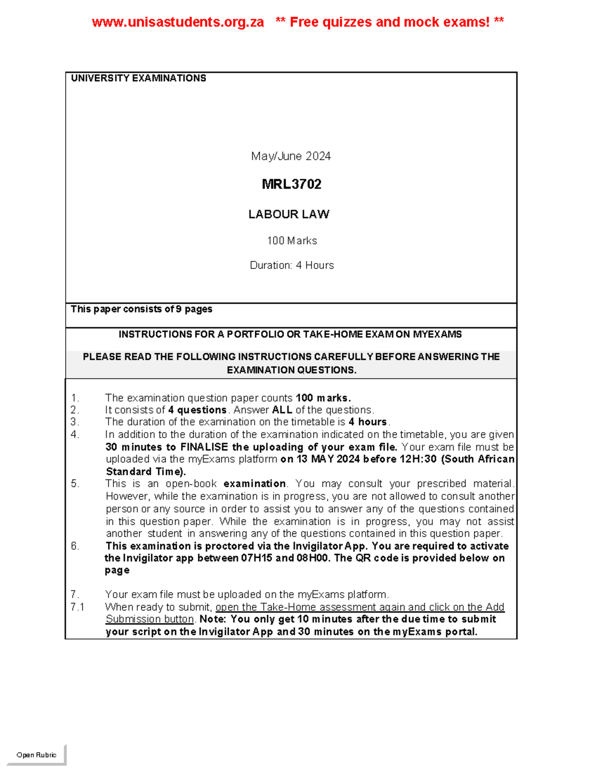 MRL3702 2024 May/June Labour Law Exam Instructions and Guidelines - Studocu