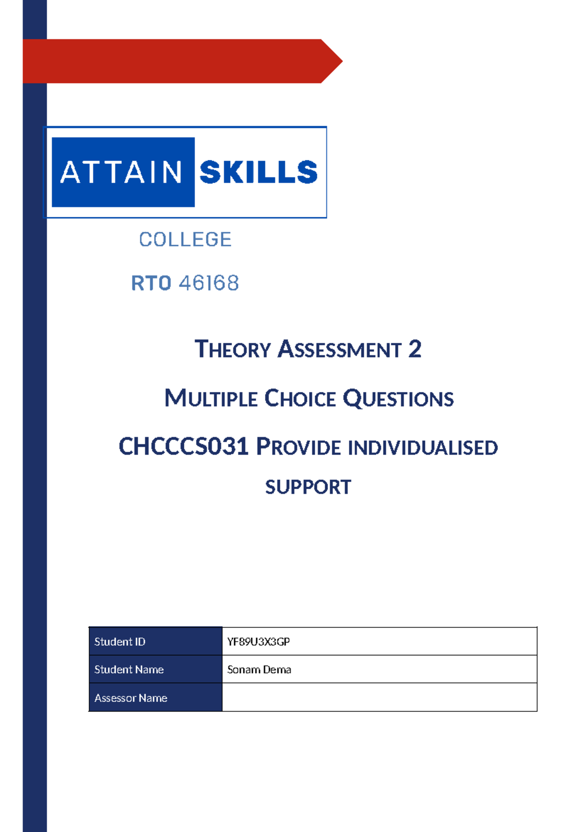 CHCCCS031 Theory Assessment 2: Multiple Choice Questions - Studocu
