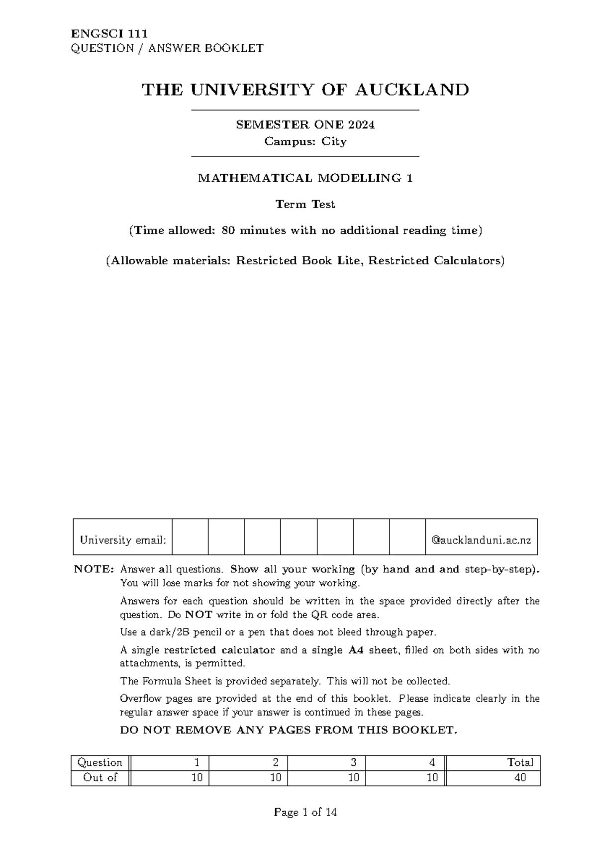 ENGSCI 111 Mathematical Modelling 1 Term Test Questions - Semester 1 ...
