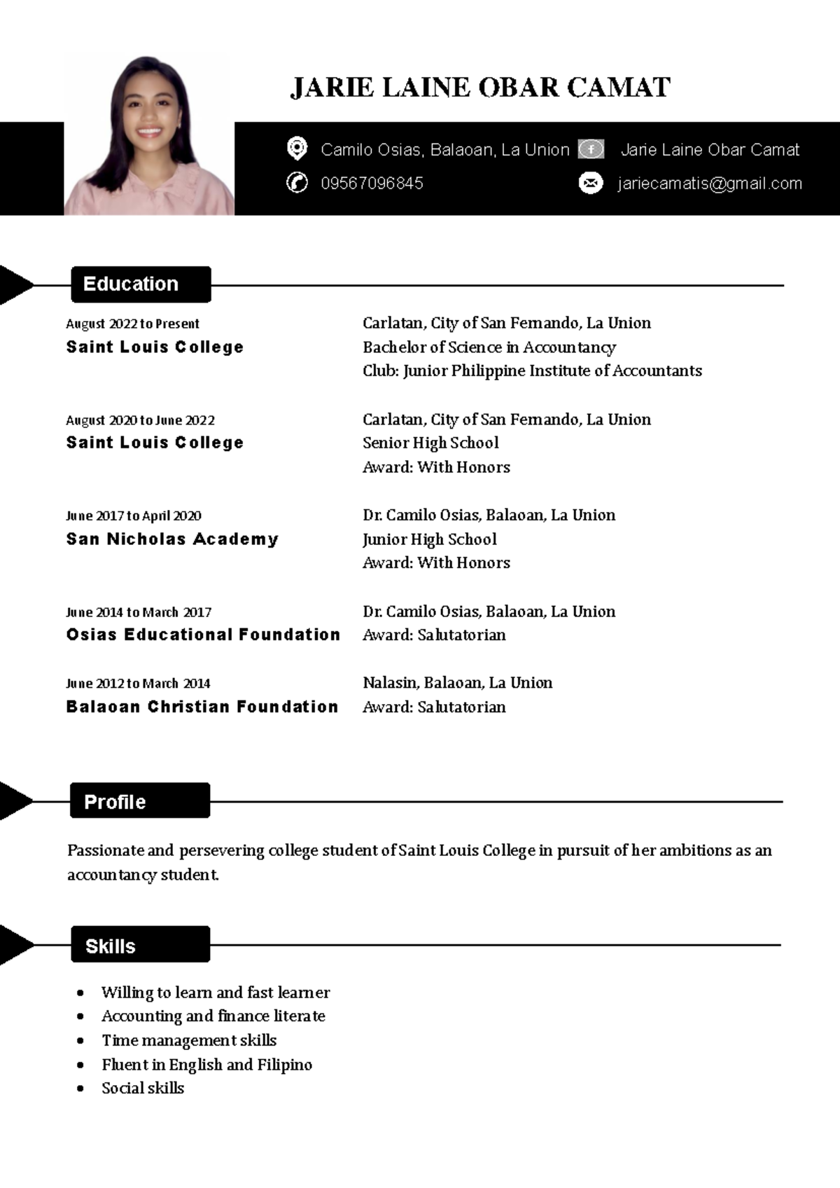 Inbound 1032095800855648855: Academic Profile of Jarie Laine Obar Camat ...