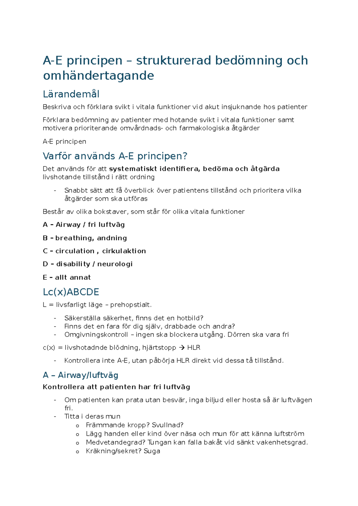 A-E Principen för Bedömning och Behandling av Vitala Funktioner - Studocu