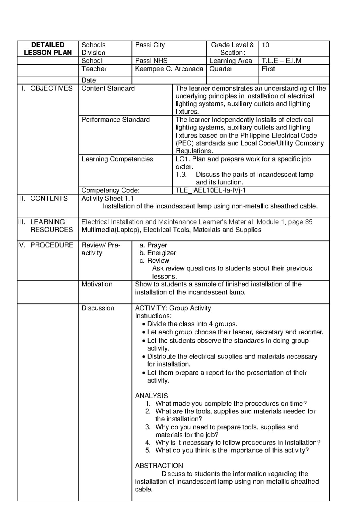 TLE 10: Lesson Plan for Electrical Installation of Incandescent Lamps ...