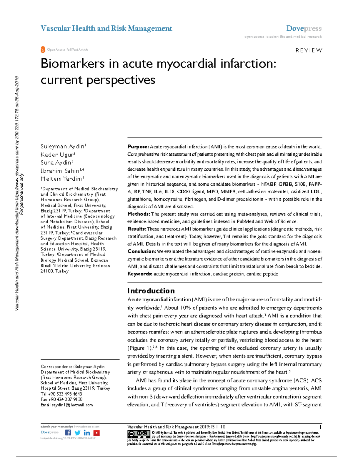 Biomarkers in acute myocardial infarction - © 2019 Aydin et al. This ...