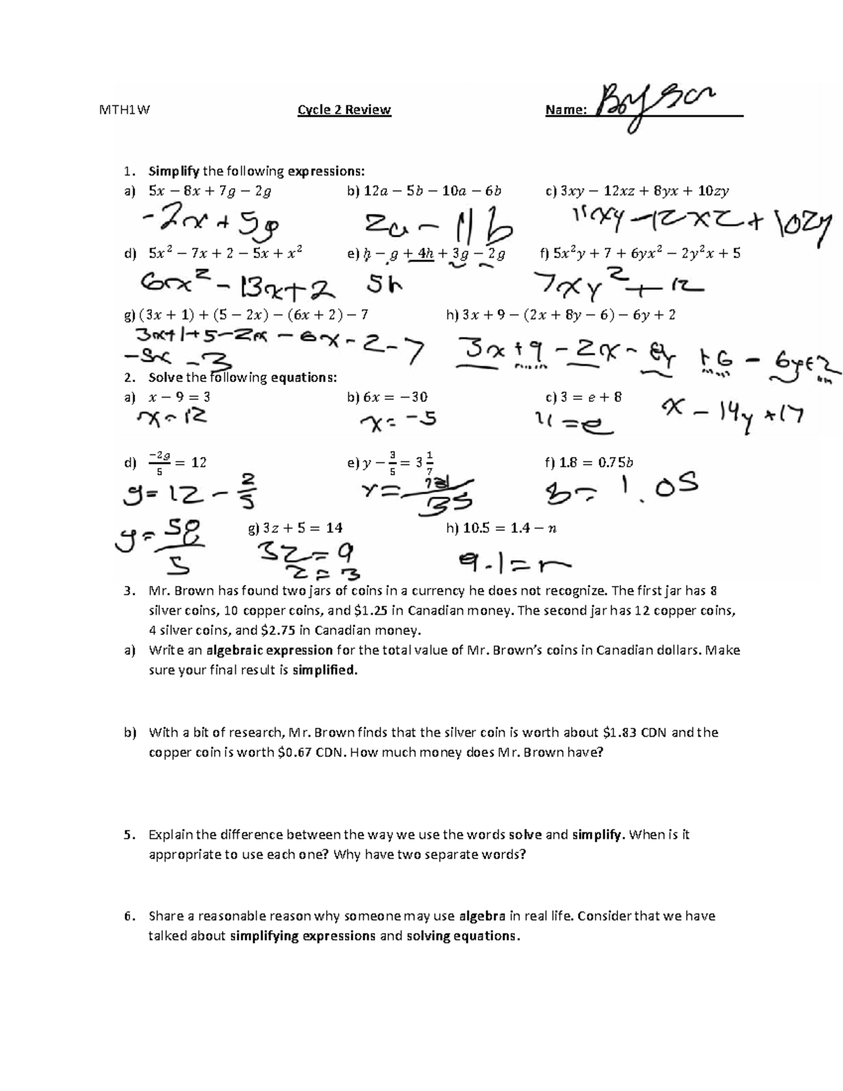 MTH1W Cycle 2 Algebra Review and Problem Solving Guide - Studocu