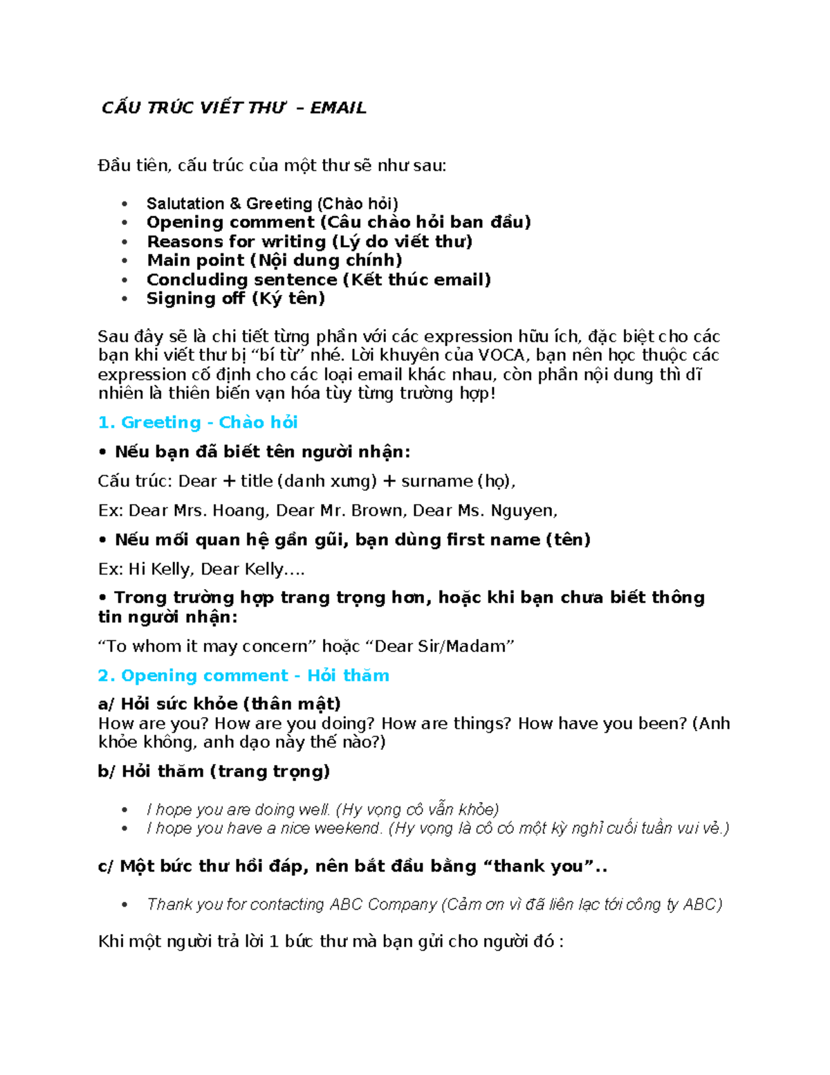 CẤU TRÚC VIẾT THƯ QUA EMAIL - TANC CLC - Studocu