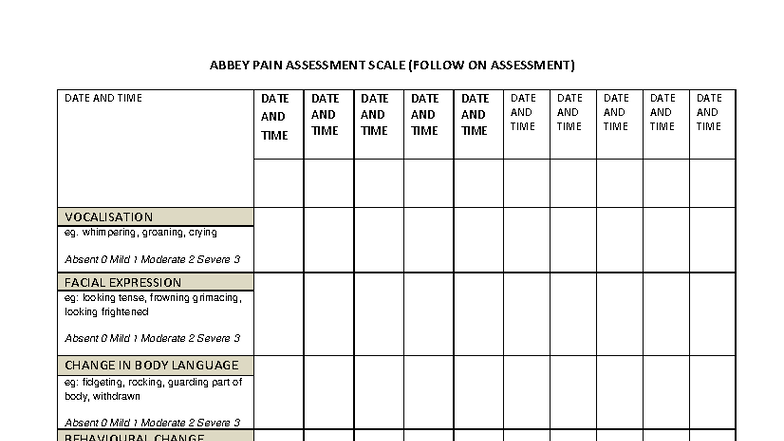 Abbey Pain Assessment Scale (Follow-Up) for Non-Verbal Patients - Studocu