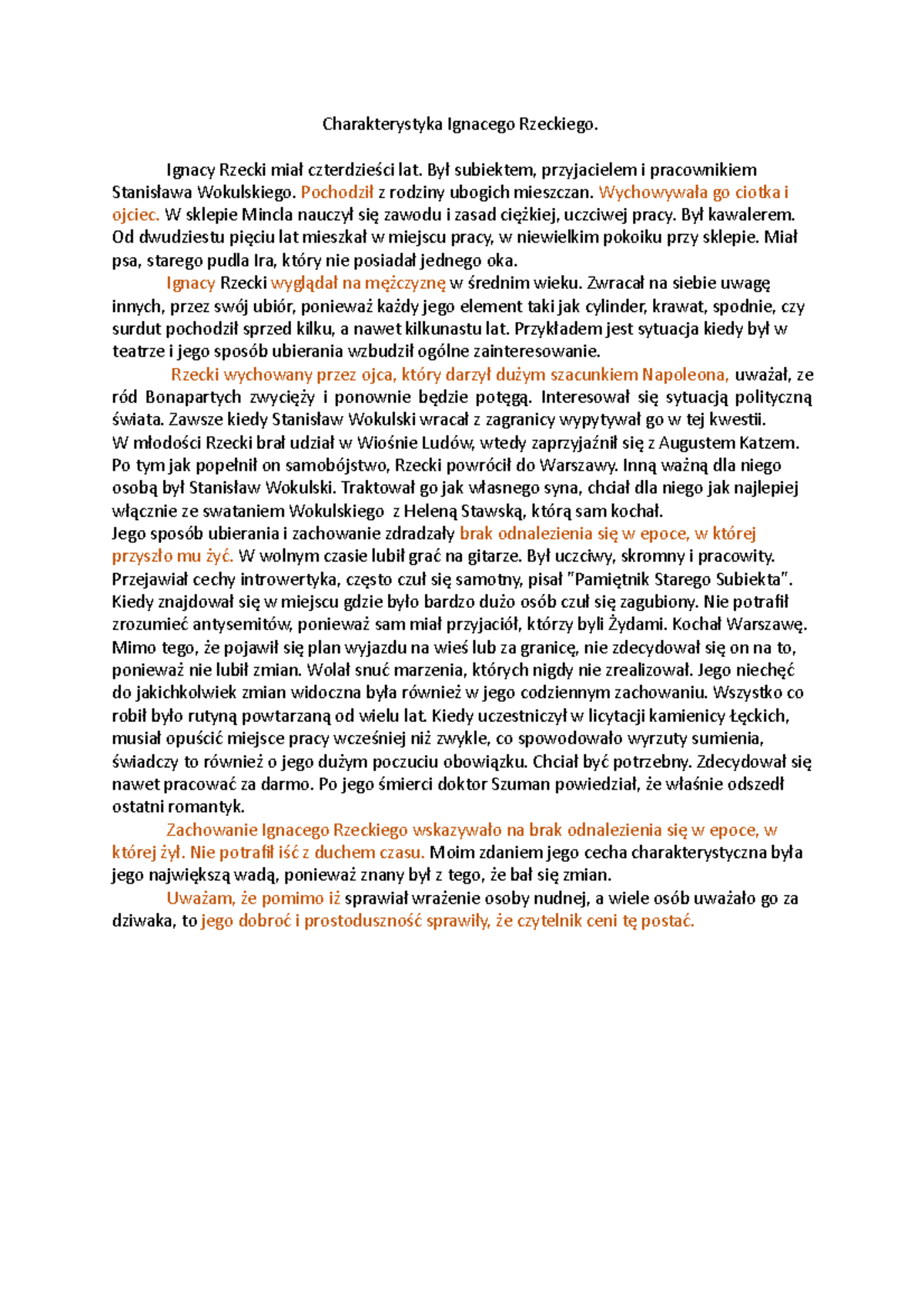 Charakterystyka Ignacego Rzeckiego: Analiza Postaci w Literaturze - Studocu