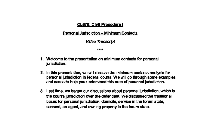 CL670: Civil Procedure I - Minimum Contacts Analysis Video Transcript ...