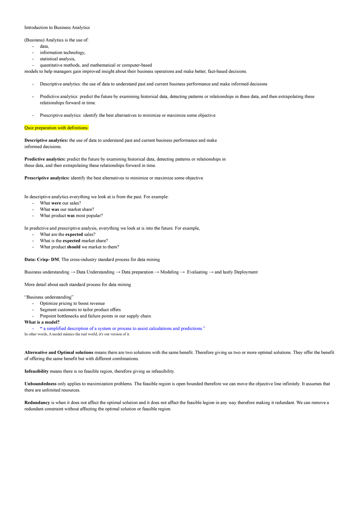 Business Analytics (BA) Lecture Notes: Key Concepts and Models - Studocu