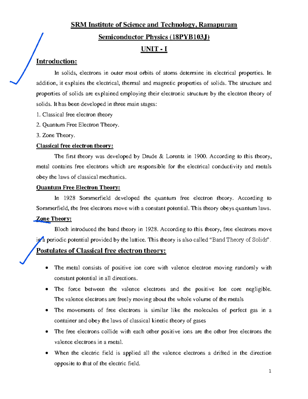 Semi handwritten notes unit 1 - 1 SRM Institute of Science and ...