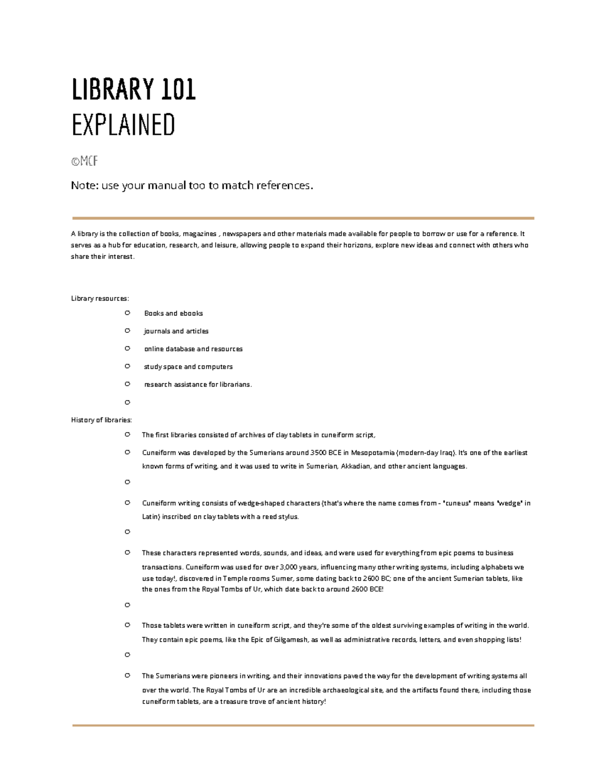 LIBRARY EXPLAINED: Class Notes Summary on History & Resources - Studocu