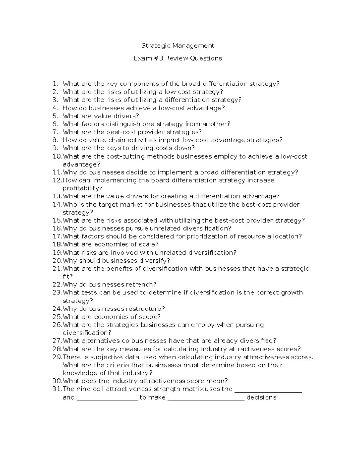 Strategic Management Exam Review Questions (SM 301) - Studocu