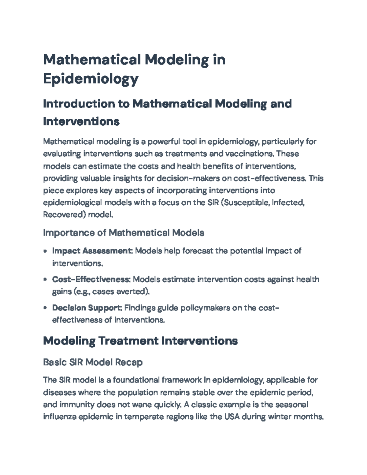 Mathematical Modeling of Interventions in Epidemiology: SIR Framework ...