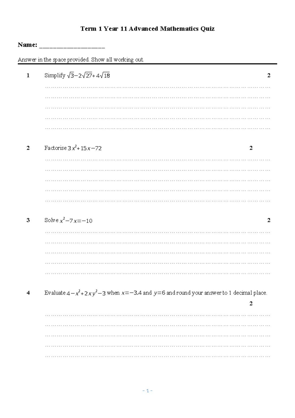 Y11 Adv Math Term 1 Quiz: Questions & Solutions - Studocu